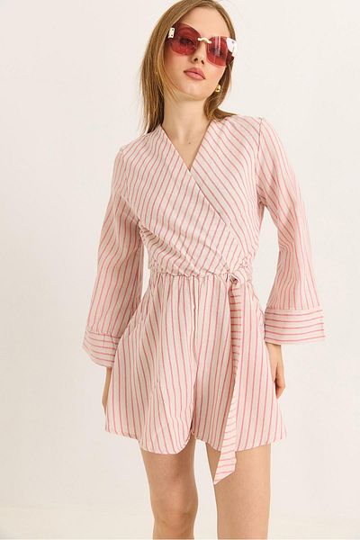 Raneel Kazançlı Alışveriş Double Breasted Collar Belt Detailed Woven Shorts Jumpsuit Pink