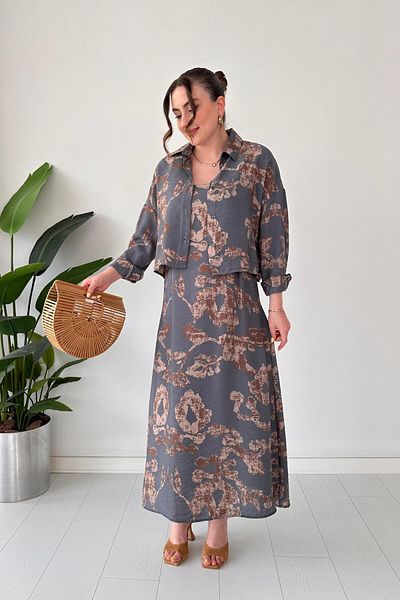 MaziButik Πουκάμισο με σχέδιο-Κρεμαστό Φόρεμα Σετ Γκρι