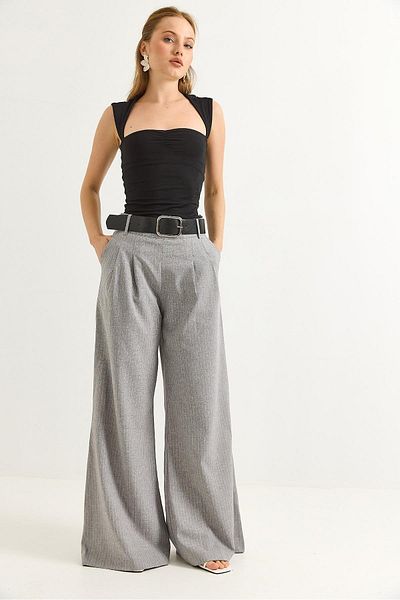 Raneel Kazançlı Alışveriş Linen Blend Palazzo Trousers Gray