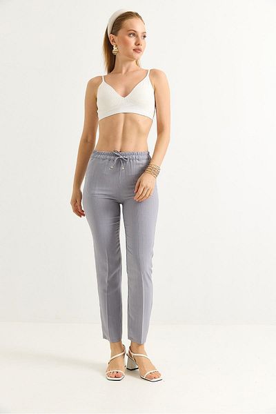 Raneel Kazançlı Alışveriş Elastic Waist Stripe Patterned Crepe Trousers Gray