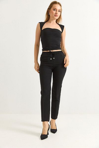 Raneel Kazançlı Alışveriş Elastic Waist Stripe Patterned Crepe Trousers Black