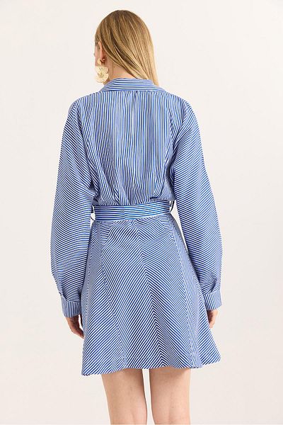 Raneel Kazançlı Alışveriş Shirt Collar Stripe Waist Belted Dress Navy Blue