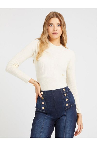 Guess Crew Neck Slim Fit Ecru Sweater Women W3BR41Z3940F1KB