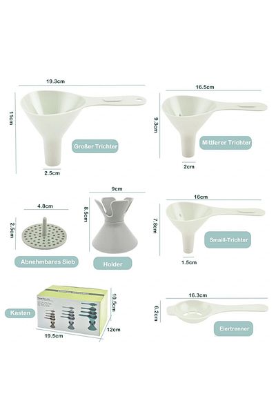 SORICO Set pâlnie cu filtru detașabil și separator de ouă, plastic, alb, 5 piese