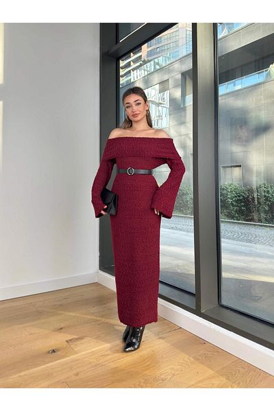 modaçelikler Madonna Collar Long Sleeve Milenko Burgundy Women's Knitwear Dress 25K207