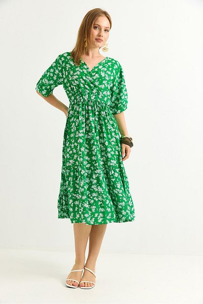 Raneel Kazançlı Alışveriş Double Breasted Collar Gathered Waist Midi Dress Green