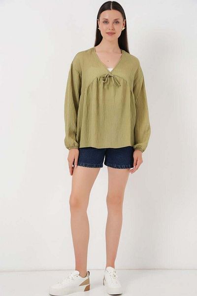 Aymood Front Lace-Up Long Sleeve Blouse 946 - Çağla