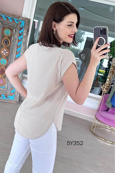 İnce Topuk Mesh Detail Cotton Linen Blouse 5Y352