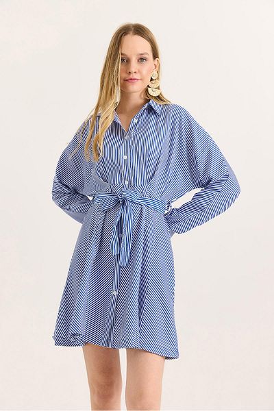 Raneel Kazançlı Alışveriş Shirt Collar Stripe Waist Belted Dress Navy Blue