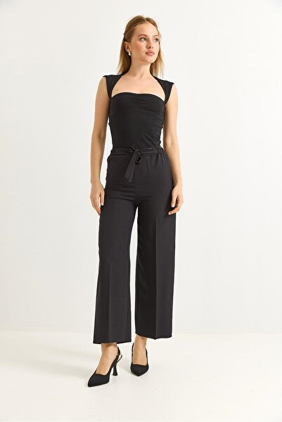 Raneel Kazançlı Alışveriş Waist Belted Wide Leg Crepe Trousers Black