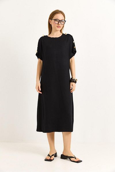 Raneel Kazançlı Alışveriş Shoulder Button Detailed Flowing Dress Black