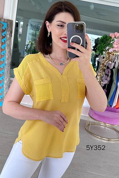 İnce Topuk Mesh Detail Cotton Linen Blouse 5Y352