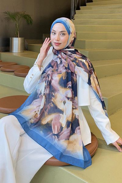 lamelif Şal din bumbac cu model elegant, albastru denim