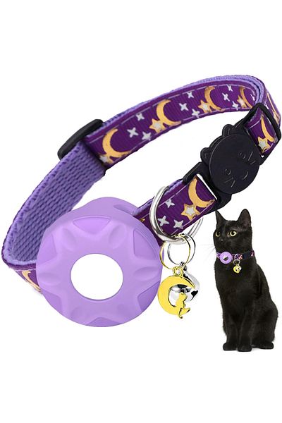 Choice Airtag not included Purple(No Tracker) Apple Tag Pet Collar with AirTag Holder & Moon Ornament for K