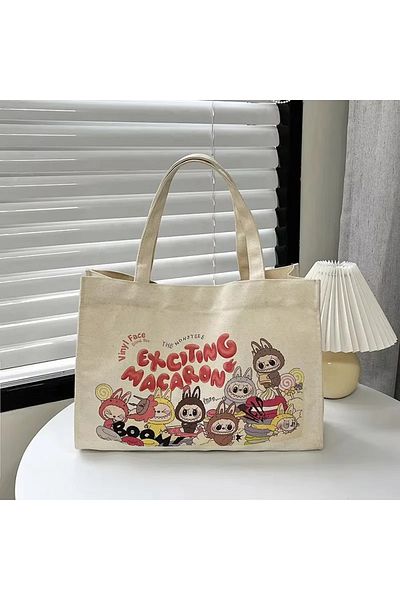 Miniso white MINISO Labubu Printed Letters Tote Bag Large Shoulder Bag Ladies Canvas Zipper Concealed Commu