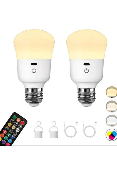 Choice 7w 2pcs Usb Rechargeable Light Bulb With Remote Control Dim & Rgb, Timer,backup Emergency Light For