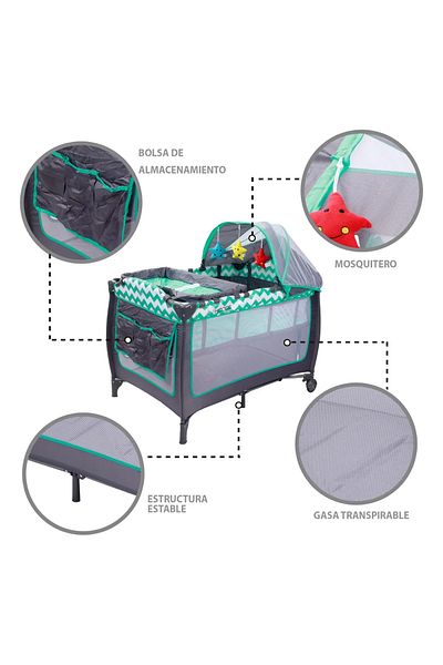 Saharaz Baby Crib,Multifunctional Foldable,Lightweight,Mesh Material,with 2 Wheels and Brake,Green