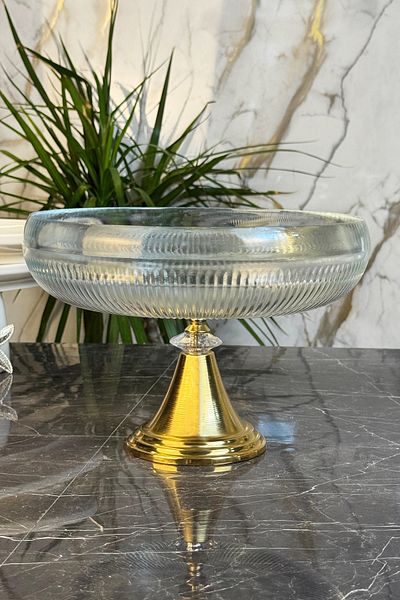 MAY HOME Metal Leg Glass Tableware Presentation Plate & Serving Plate (Gold)