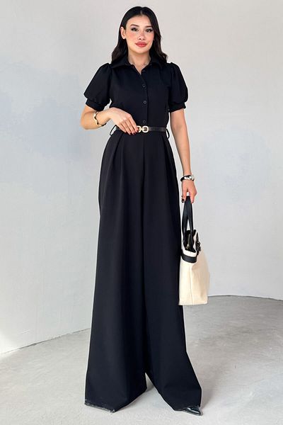 Cappmoda Elb-01795 Black Belted Shirt Collar Pleated Polyviscon Jumpsuit