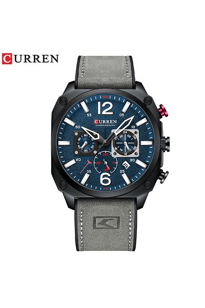 Curren gray blue CURREN Men's Watch Fashion Waterproof Multi-function Chronograph Clock Leather Six Needle