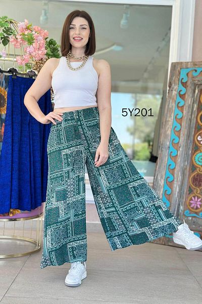 İnce Topuk Patterned Viscose Wide Leg Trousers 5Y201