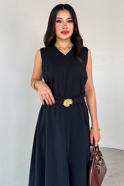 Cappmoda Elb-01790 Black Front Slit Design Gold Spiral Buckle Midi Dress