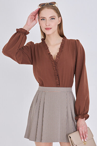 armonika Γυναικεία ανοιχτό καφέ γιακά και βολάν μπροστά με λεπτομέρεια μανίκια ελαστική μακρυμάνικη μπλούζα ARM-25K001030