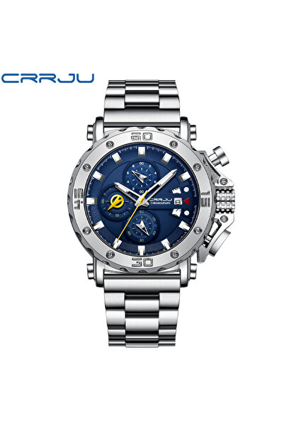Choice ساعة CRRJU للرجال باللون الفضي والأزرق من أفضل العلامات التجارية الفاخ...