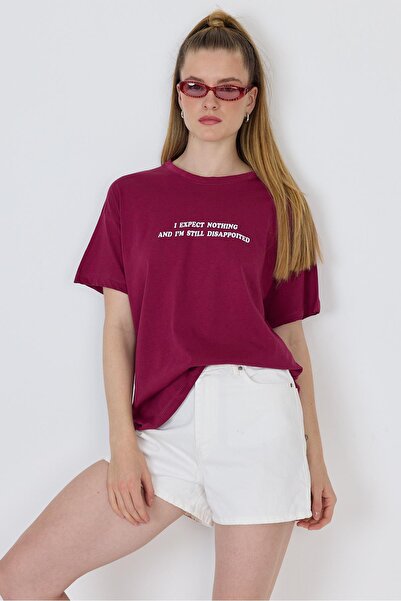 Rays تي شيرت كبير الحجم مطبوع عليه نص عنابي 100% قطن 2150-8M