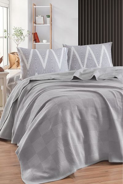 Eponj Home Fitted Sheet Pique Set Double 100% Cotton 4 Piece K.Olivia Patterned Gray – Weave Series