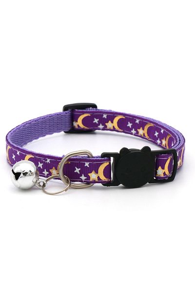 Choice S PURPLE Gold Stars and Moon Cat Collar with Reflective Safety Buckle and Bell