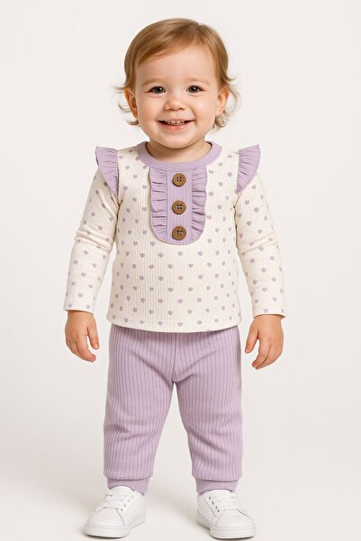 Trend Bebe Butik Kız Bebek Kalp Desenli İkili Takım | Düğmeli Volanlı Üst + Ribanalı Pantolon | 6-9-12-18 Ay