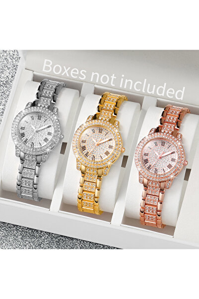 Choice 3 قطع بدون علبة 3 قطع ساعات نسائية أنيقة مرصعة بأحجار الراين بالكامل ك...