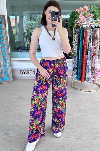 İnce Topuk Wide Leg Patterned Viscose Trousers 5Y351
