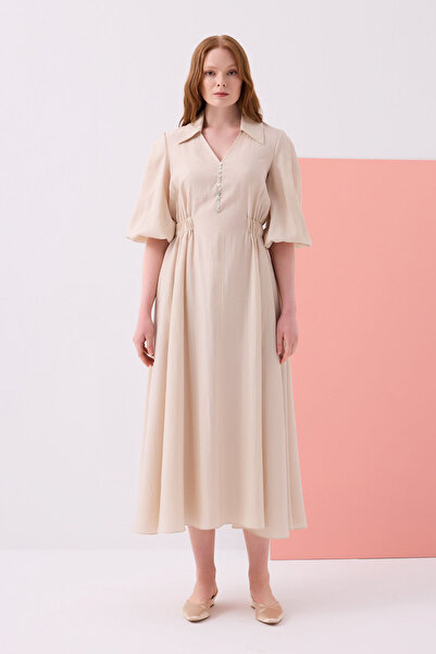 Jus De Pommes TAŞ RENGİ TAKMA BALON KOLLU KETEN UZUN ELBİSE