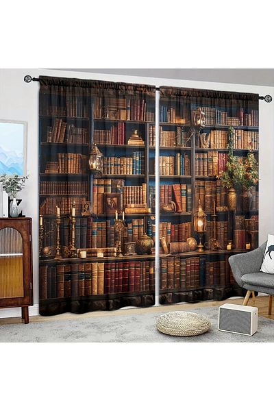 Choice 107cmX213cmX2pcs 2pcs Middle Ages Bookcase Printed Curtain for Home Decor - Rod Pocket Window Treatm