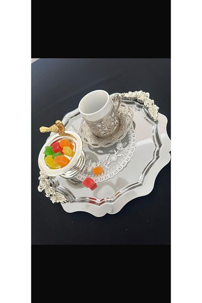 Elzemm store 1 Pcs Steel Round Wavy Silver Handle Service and Presentation Tray
