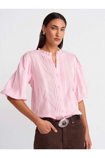Dilvin 5807 Rib Detailed Balloon Sleeve Shirt-Light Pink