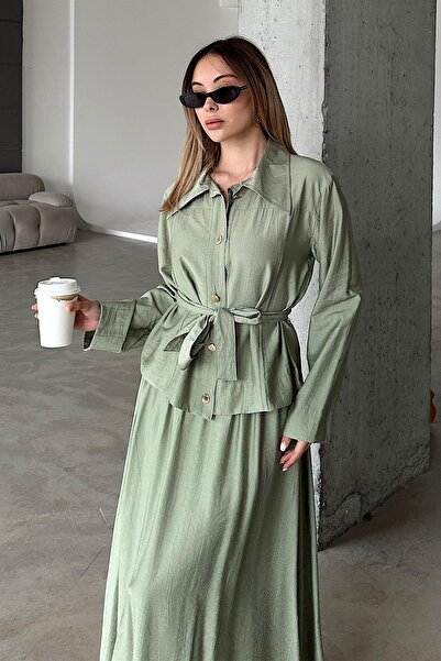 Olcay Sash Detailed Skirt Jacket Set Light Green 9348-Tk