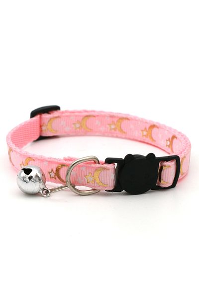 Choice S PINK Gold Stars and Moon Cat Collar with Reflective Safety Buckle and Bell
