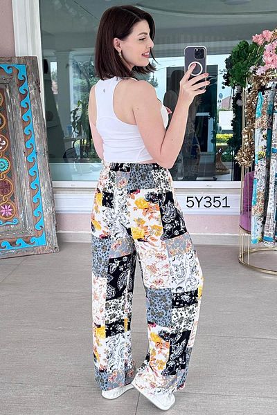 İnce Topuk Wide Leg Patterned Viscose Trousers 5Y351