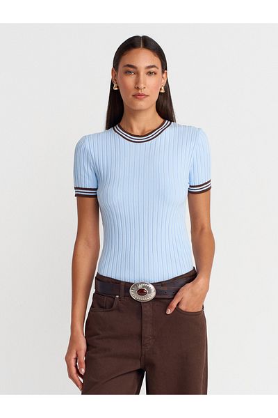 Dilvin 10765 Crew Neck Striped Knitwear Blouse-Blue-Brown