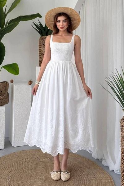 ZISHAN White Linen Woven Summer Dress – Square Neck, A-Line, Bohemian Style |   Daily and Holiday 658