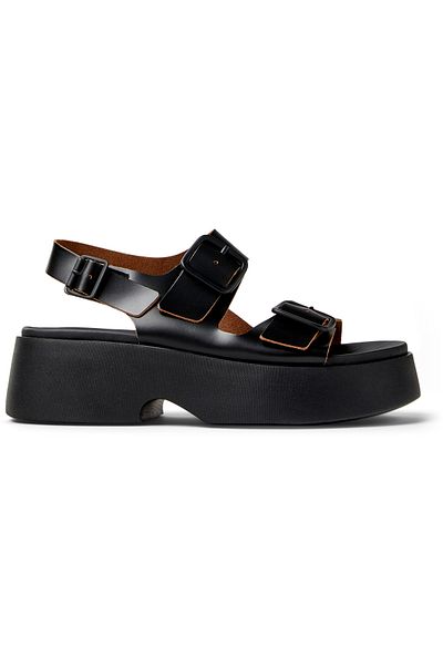 CAMPER Women's Black Genuine Leather Adjustable Double Strap Sandals Hook And Loop Tasha