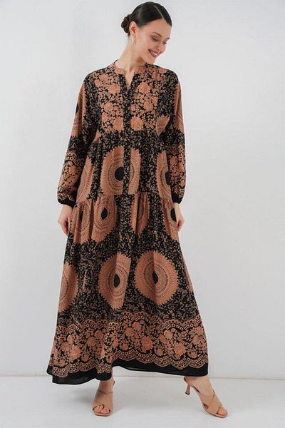 Aymood 2423 Authentic Patterned Hijab Dress - Black - Tan