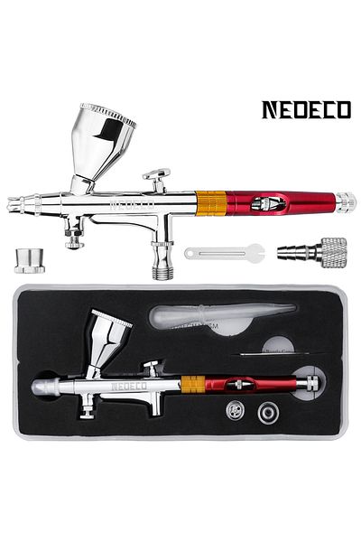 Choice Orange NEOECO NCT-208K Dual Action Airbrush 9cc 1/3 oz Fluid Cups with 20cc 40cc cups Crown caps Air