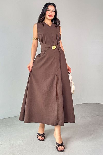 Cappmoda ELB-01790 Καφέ Μίντι Φόρεμα με Σχέδιο Μπροστινό Σχιστό Χρυσό Σπιράλ Πόρπη