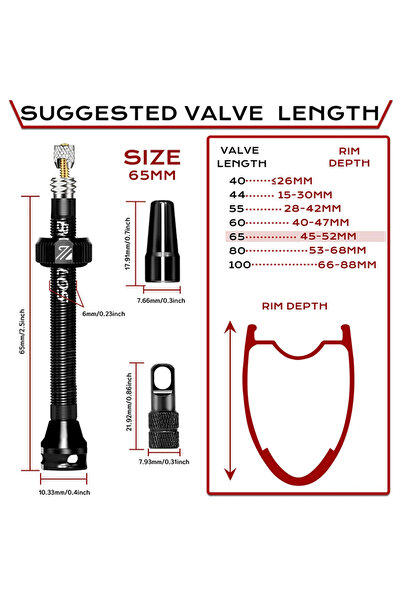 BUCKLOS صمام دراجة بدون أنبوب أسود 65 مم 40/44/55/60/65/80/100 مم صمام بريستا...
