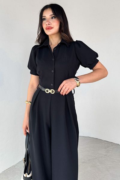 Cappmoda Elb-01795 Black Belted Shirt Collar Pleated Polyviscon Jumpsuit