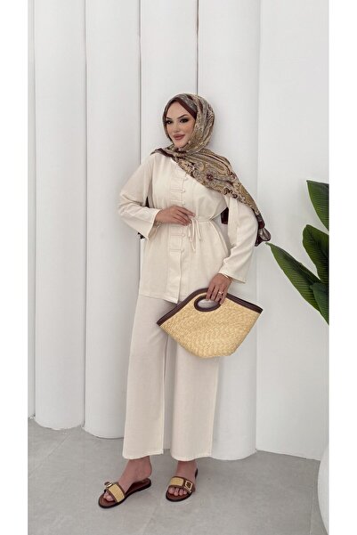 Miraydın Butik Women's Button and Belt Detailed Linen Suit M15809 - Beige